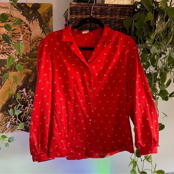 Vintage 70s Red Rainbow Button Up Blouse - Picture 9 of 9